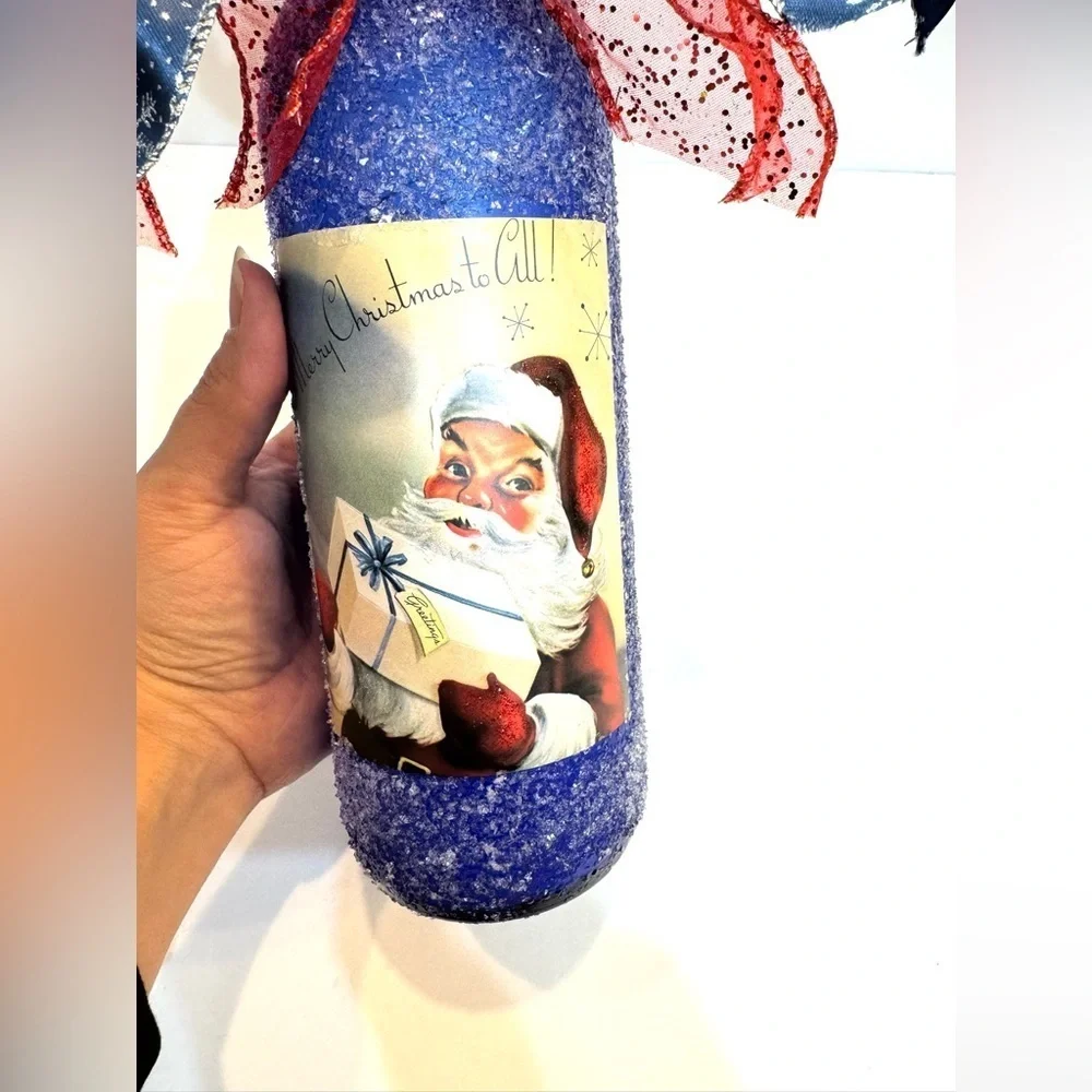 NEW OOAK Blue Santa Icy Lighted Christmas Wine Bottle Holiday Decor
